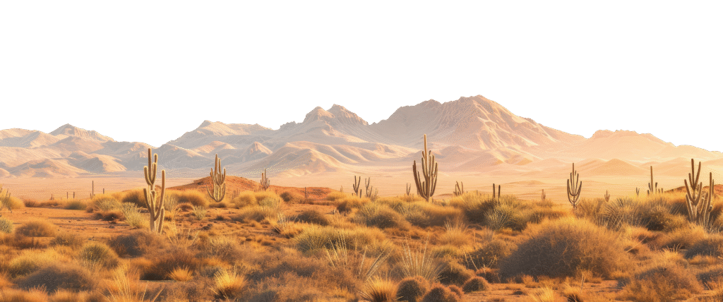 Desert landscape with mountains, cacti, and golden grass, representing Tucson's climate and environment, relevant to HVAC and plumbing maintenance benefits.